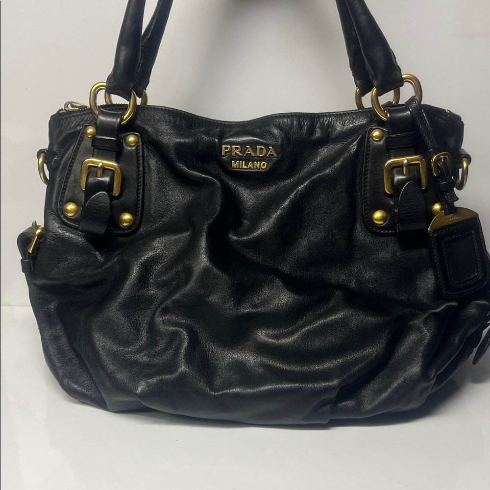 Prada Black Leather Shoulder Bag with Gold Accents